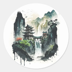 Ancient Chinees inklandschap met waterval Ronde Sticker