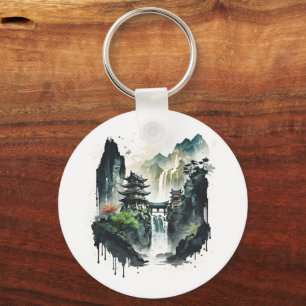Ancient Chinees inklandschap met waterval Sleutelhanger