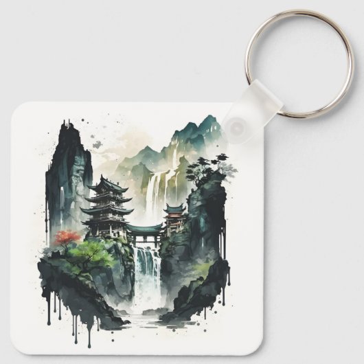 Ancient Chinees inklandschap met waterval Sleutelhanger (Achterkant)