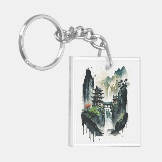 Ancient Chinees inklandschap met waterval Sleutelhanger (Voorkant Links)