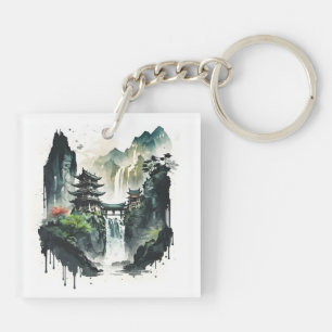 Ancient Chinees inklandschap met waterval Sleutelhanger