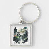 Ancient Chinees inklandschap met waterval Sleutelhanger (Voorkant)