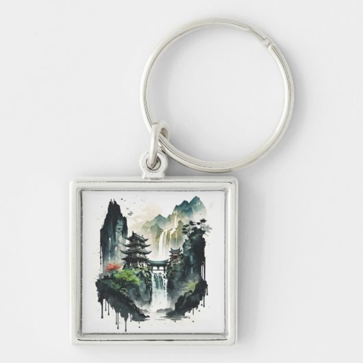 Ancient Chinees inklandschap met waterval Sleutelhanger (Voorkant)
