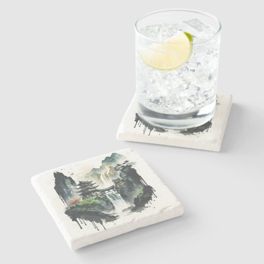 Ancient Chinees inklandschap met waterval Stenen Onderzetter (Zijkant)