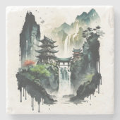 Ancient Chinees inklandschap met waterval Stenen Onderzetter (Voorkant)