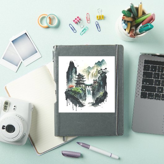Ancient Chinees inklandschap met waterval Sticker (iPad Cover)