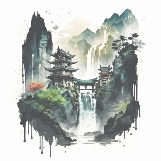 Ancient Chinees inklandschap met waterval Sticker (Voorkant)