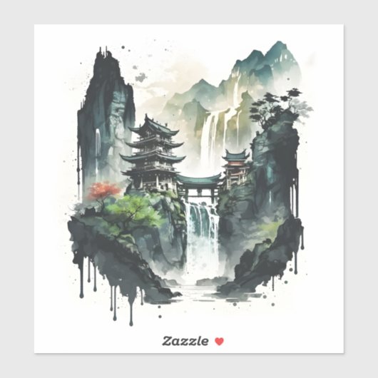 Ancient Chinees inklandschap met waterval Sticker (Vel)