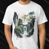 Ancient Chinees inklandschap met waterval T-shirt