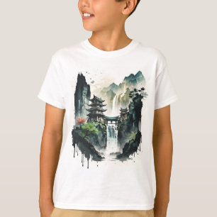 Ancient Chinees inklandschap met waterval T-shirt