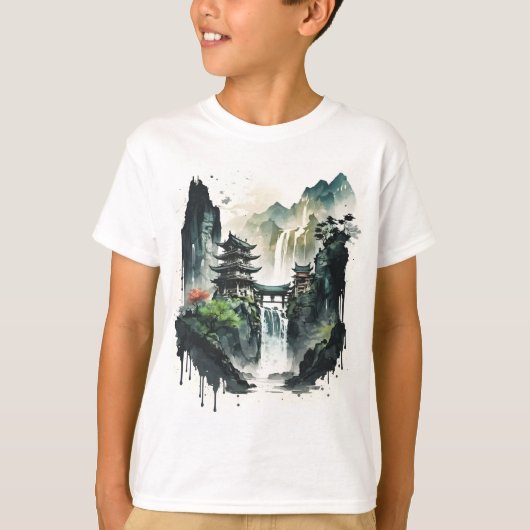 Ancient Chinees inklandschap met waterval T-shirt (Voorkant)