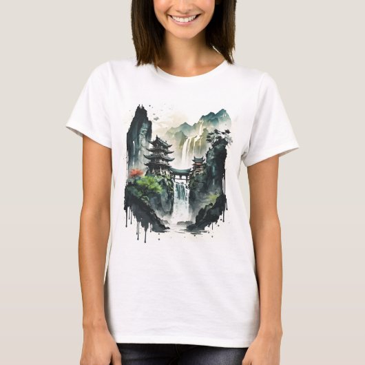 Ancient Chinees inklandschap met waterval T-shirt (Voorkant)