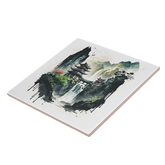 Ancient Chinees inklandschap met waterval Tegeltje (Zijkant)