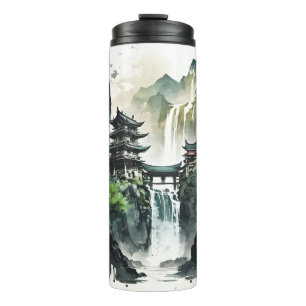 Ancient Chinees inklandschap met waterval Thermosbeker
