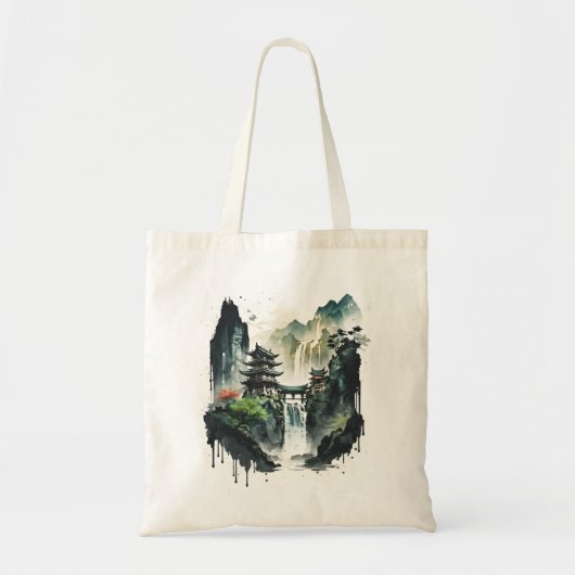 Ancient Chinees inklandschap met waterval Tote Bag (Voorkant)