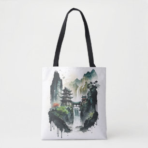 Ancient Chinees inklandschap met waterval Tote Bag