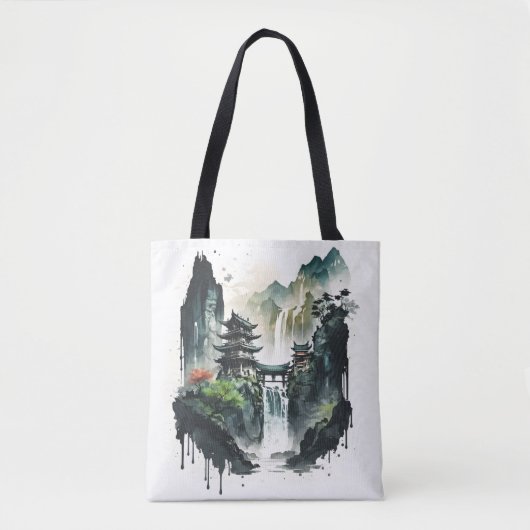 Ancient Chinees inklandschap met waterval Tote Bag (Voorkant)