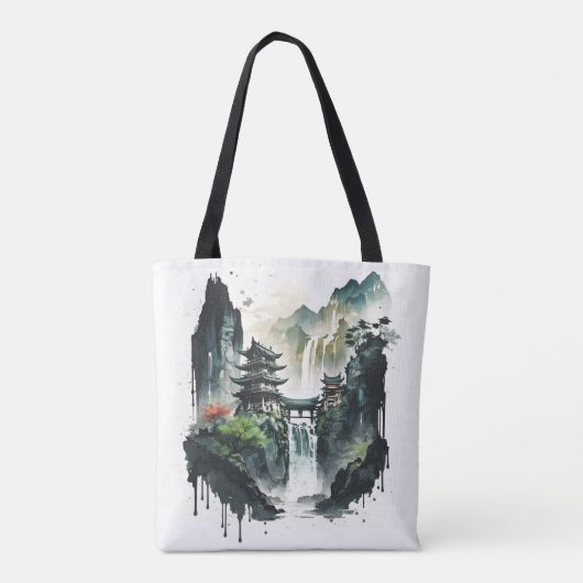Ancient Chinees inklandschap met waterval Tote Bag (Achterkant)