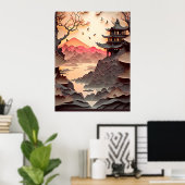 Ancient Chinees scènepapier gesneden bruin Poster (Thuiskantoor)