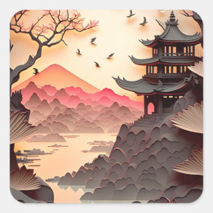 Ancient Chinees scènepapier snijkop vierkante Stic Sticker
