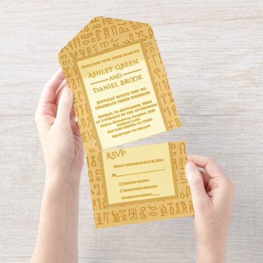 Ancient Egypt Hieroglyphic Motifs Wedding Foil All In One Uitnodiging (Uittrekbaar)