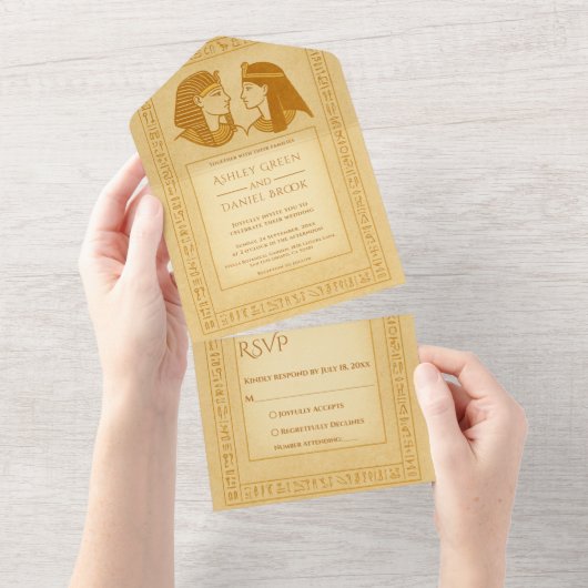 Ancient Hieroglyphs King & Queen Egyptian Wedding All In One Uitnodiging (Afscheurbaar)
