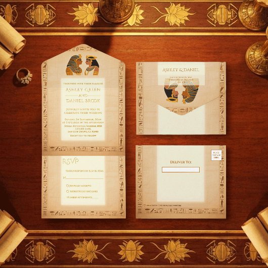 Ancient King and Queen Egyptian Wedding Gold Foil All In One Uitnodiging