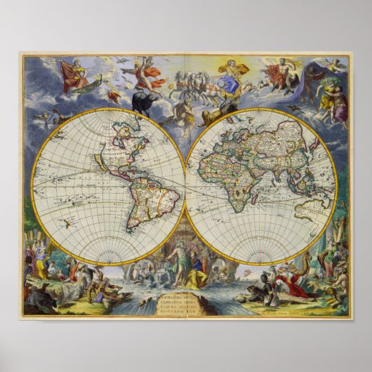 Ancient Map of the World in Two Hemispheres 1683 Poster (Voorkant)