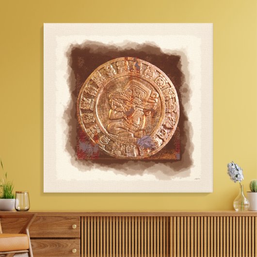Ancient Mayan Carved Metal Art Disk Kapped Canvas (Insitu (Woonkamer))
