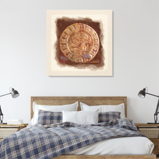 Ancient Mayan Carved Metal Art Disk Kapped Canvas (Insitu (Slaapkamer))
