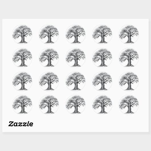 Ancient Oak Tree Charcoal Sketch Ronde Sticker (Vel)