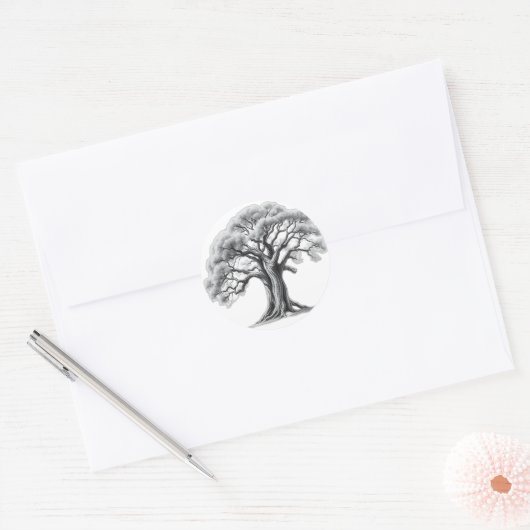 Ancient Oak Tree Charcoal Sketch Ronde Sticker (Envelop)