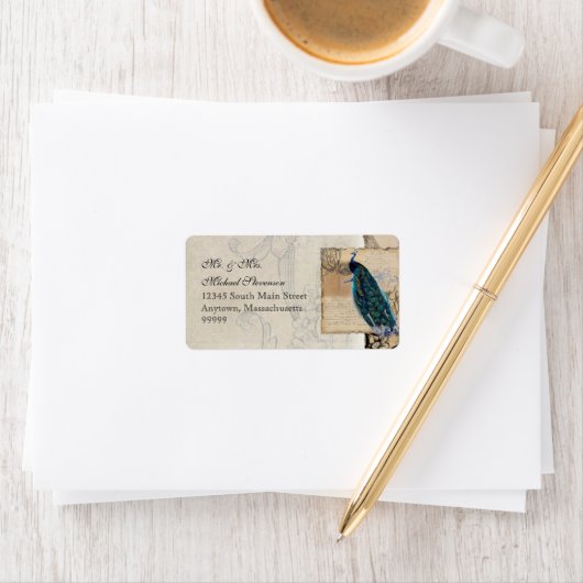 Ancient Peacock bijpassend adreslabel - Aqua Blue Etiket (Insitu)