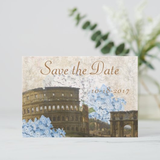 Ancient Rome Blue Hydrangea Save the Date Card (Staand voorkant)