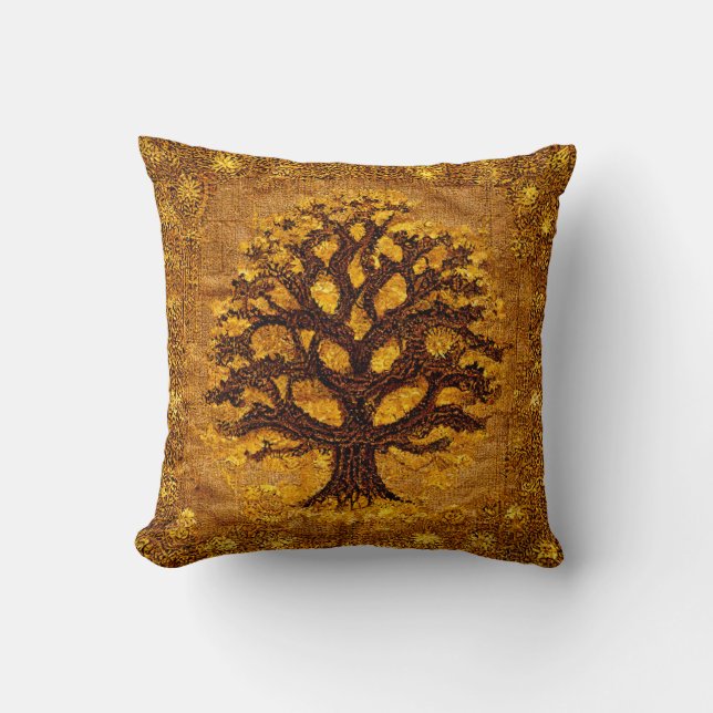 Ancient Rustic Brown & Gold Tree van LIfe door ked Kussen (Voorkant)