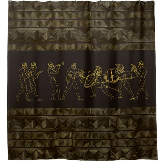 Ancient Sparta Greece scène op grieks patroon Douchegordijn (Voorkant)