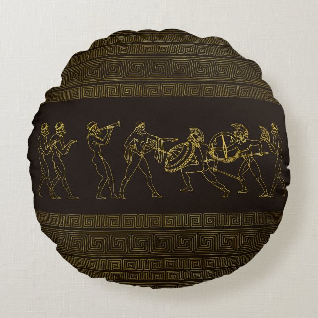 Ancient Sparta Greece scène op grieks patroon Rond Kussen (Voorkant)