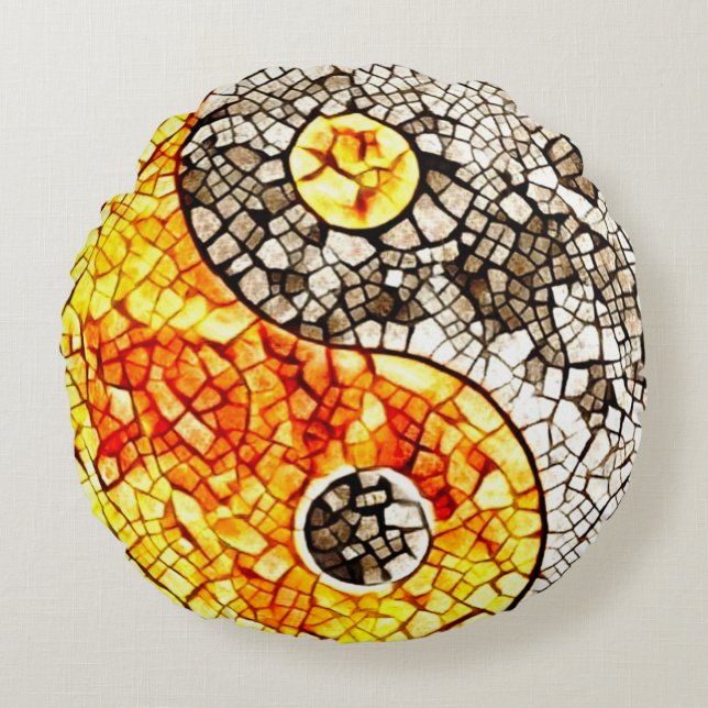 Ancient Temple Mosaic Yin Yang Symbol Rond Kussen (Voorkant)