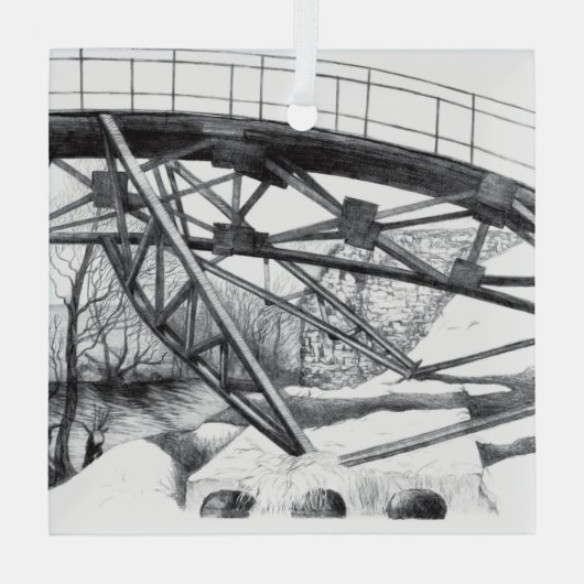 Ancient voetbridge pencilart Monochrome Glas Ornament (Achterkant)