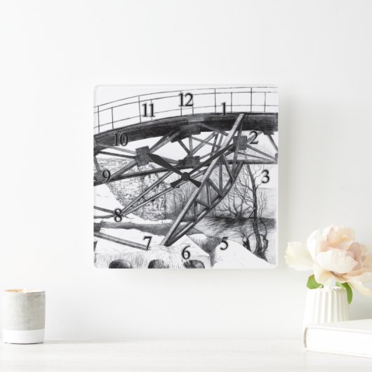 Ancient voetbridge pencilart Monochrome Vierkante Klok (Huis)