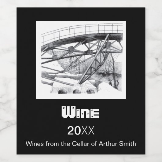 Ancient voetbridge pencilart Monochrome Wijn Etiket (Enkel label)