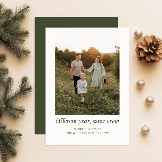 Andere jaar, zelfde bemanning, grappige kerstfoto feestdagenkaart