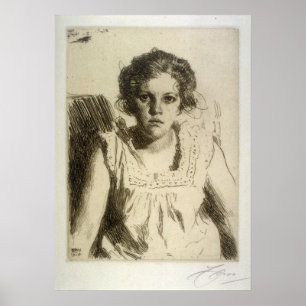 anders zorn , portret van een meisje , etching poster