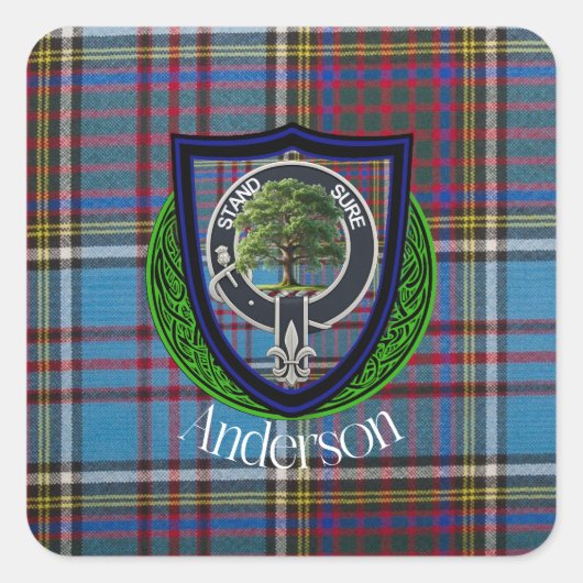 Anderson Schotse Clan Tartan en Crest Vierkante Sticker (Voorkant)