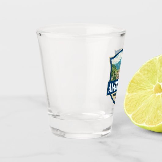 Andorra Illustratie Retro Badge Shot Glas (Links)