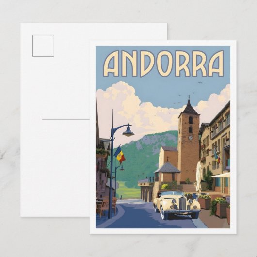 Andorra Vintage Kunst Reizen Briefkaart (Voorkant / Achterkant)