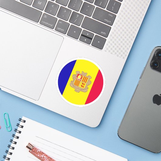 Andorra Vlag Ronde Sticker (Laptop met iPhone)