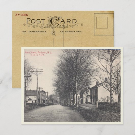 Andover NJ, Main Street,  stijl Briefkaart (Voorkant / Achterkant)