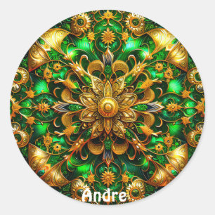 ANDRE ~ Glanzende groene en gouden kerst ~ Ronde Sticker