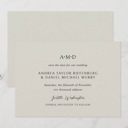 Andrea Beige Elegant Wedding Save The Date (Voorkant / Achterkant)